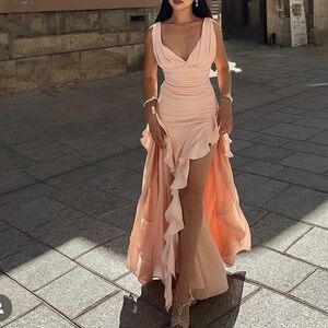 Talyssa Baby Pink Waist Double High Slit Maxi gown